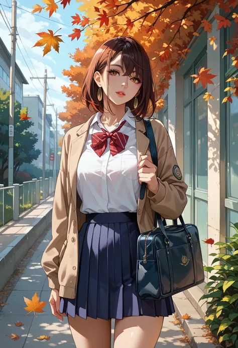 beautiful 16-year-old Japanese woman standing in a school uniform standing with a satchel in the schoolyard after school, autumn, red and yellow leaves