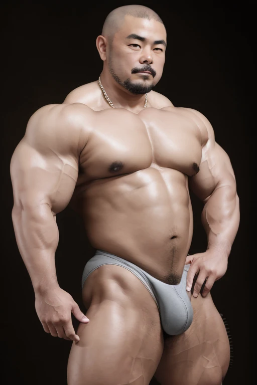 Japanese middle-age male, skinhead, shaved head, short goatee, bulky, muscler man, thick body, wearing thong, shaved body hair