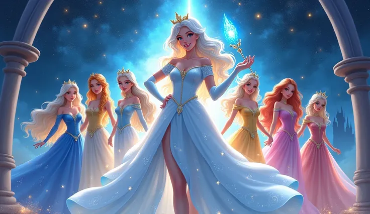 
A captivating illustration featuring Elara, a modern princess with long silver hair featuring golden highlights, styled in soft waves, wearing an elegant white dress with blue and gold accents, adorned with constellation patterns. She stands in a majestic...