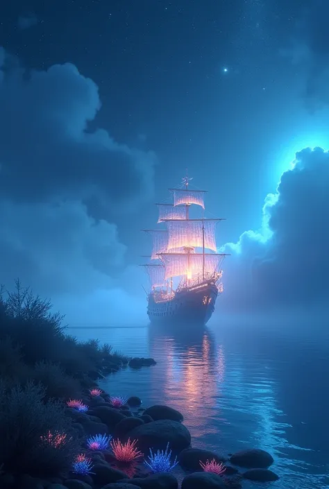  starry night , ocean,  ship,crystal sails ,, thick fog, glowing neon algae near the shore, beautiful,  realistic,  bright lighting ,  high detail