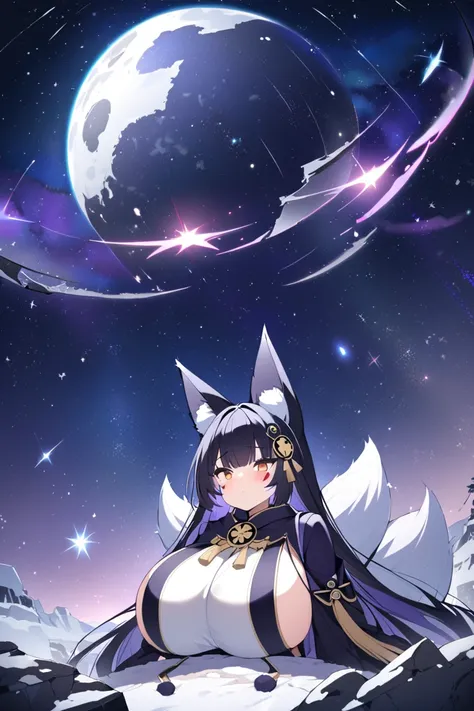 dark night, stars, starry sky, starfall, northen lights,  Stargazing, clear sky. snow, snowfall, ancient ruins, tombstones, 1girl, fox ears, fox tail, long hair, black hair, hair ornament, indian red beautiful eyes,  gigantic breast, black fur-trimmed kimo...