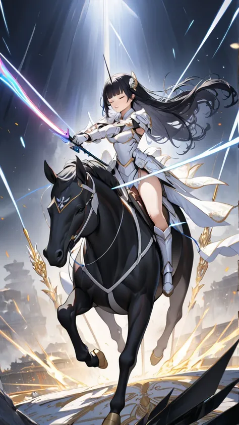 (beautiful and delicate) (holy war illustration), (in a  white shrine Knight Armor), ((Riding a unicorn back)), break, solo, profile:1.1, (detailed blunt bangs, vivid black hair, long hair, ultra beautiful and ultra cute Archer knight girl, age 15), (ultra...