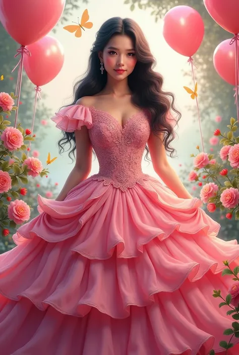 Real pinay girl   with pink ballgown with flowers baloons butterflies 