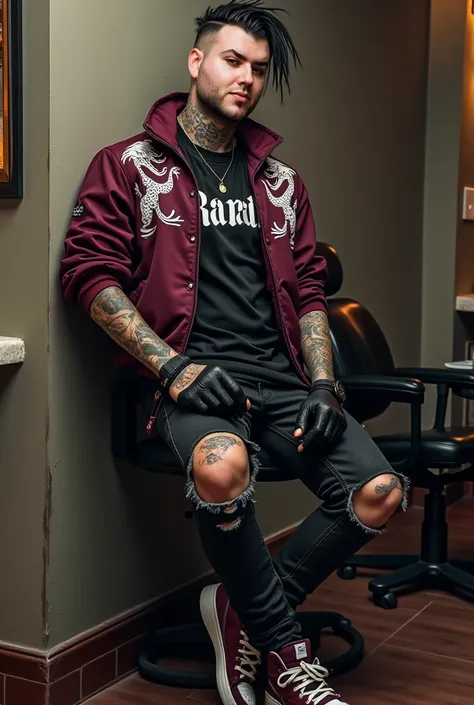  30-year-old boy , tattooed,  shaved hair sides al 2 boomerang , ,,  burgundy bomber jacket with white dragons , , black t-shirt Written word RAVAL  ,   black gloves,  ripped jeans ,  Nike Air Jordan sneakers black and burgundy, leaning on the wall backgro...