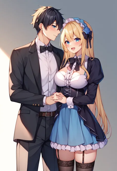  top quality 、  very detailed、 Perfect whole body, perfect overview、Front View、（ one girl、Older sister、 Gothic Lolita Dress、 stockings 、Blonde、 long hair、Height: 150cm、18 years old)、（ one boy、Shota、cute、light blue black hair、Height: 165cm、、 tuxedo)