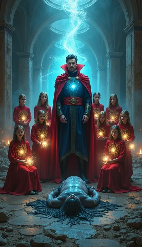 "Doctor Strange stands with a commanding presence in the mystical ruins of a shattered dimension, his eyes glowing with arcane power. Around him, his six  daughters, each wearing miniature versions of his robes and holding glowing, miniature versions of hi...