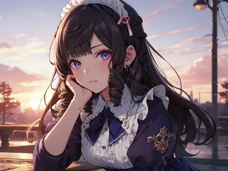 Solo, 1 girl, (human ear), (earring), (long hair), (hair accessory), (woman sitting on ground with hand on chin), (anime face, makeup), (blue maid outfit hiding skin), (sunset sky, sunset, evening sky), (focus on chest), (high resolution, masterpiece, accu...