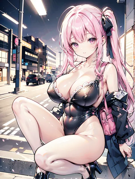  BlackKimono leotard 　pink hair side hair long　 high heels　student bag
Shoulder bag　 plump thighs 　Around town　outside　
 Big Breasts , ribbon,  high definition , accurate,  High Definition Model,  High Details ,  High Quality ,  textured skin,  Ultra High ...