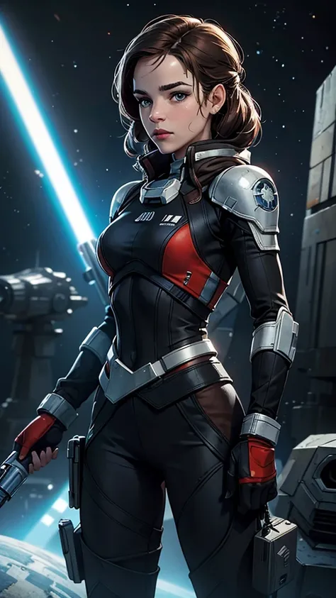  a woman in a Star Wars outfit standing on a spaceship, solo female character, jaina solo, an imperial agent from Star Wars , Star Wars Character,  the Star Wars movie looks like ,   imperial style from Star Wars ,  in a dark space mercenary suit ,  In a s...