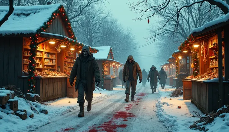 The Christmas market, once a wonderland, lies in ruins. Blood stains the snow, stalls are overturned, and twisted holiday decorations hang eerily as zombies roam through the chaos.