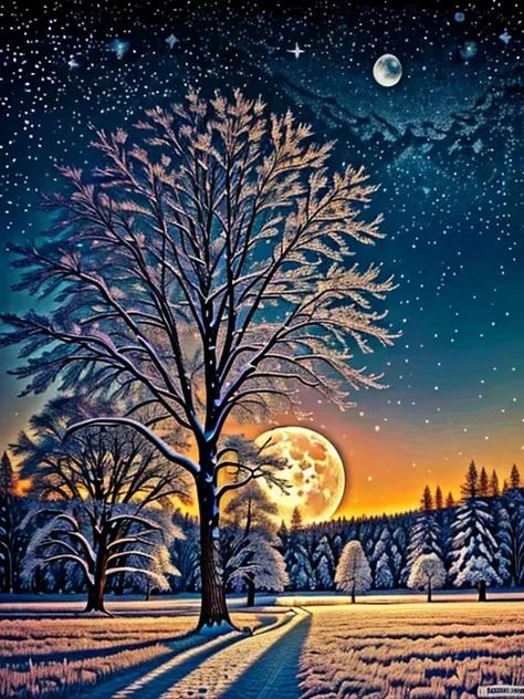 Best quality, high resolution, best composition, 4K, A large tree in the middle of a snowy field at midnight, the moon is directly above the tree, the branches are spread wide and wide, the tree is covered with leaves and branches, the tree looks like a wh...