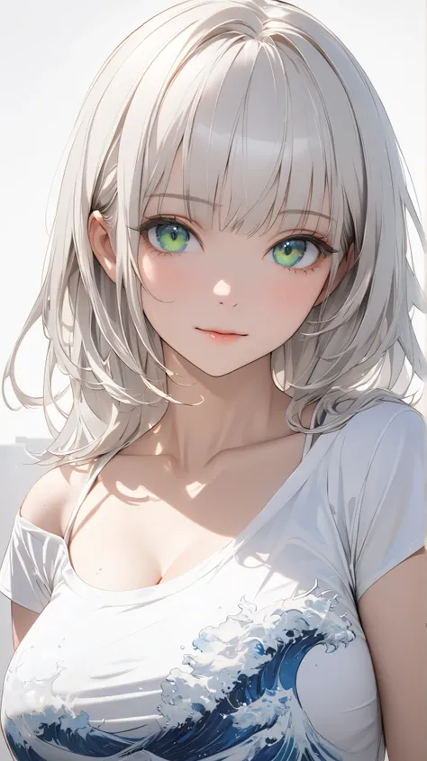 face details,semi realistic, Masterpiece, Master work, perfect , 4k, 1woman, mature body, big size breast, straight shoulder-length hair, flat Bangs hair style, white colored hair with blue strokes, bright green eyes, flat expression face, wearing white pr...