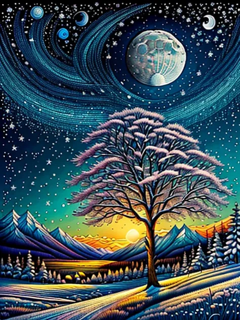 Best quality, high resolution, best composition, 4K, A large tree in the middle of a snowy field at midnight, the moon is directly above the tree, the branches are spread wide and wide, the tree is covered with leaves and branches, the tree looks like a wh...