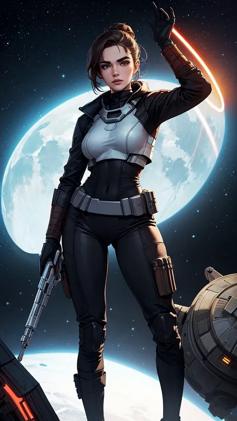  a woman in a Star Wars outfit standing on a spaceship, solo female character, jaina solo, an imperial agent from Star Wars , Star Wars Character,  the Star Wars movie looks like ,   imperial style from Star Wars ,  in a dark space mercenary suit ,  In a s...