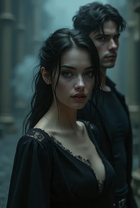 A beautiful seductive vampire woman in a dark world with a handsome vampire boy behind her 