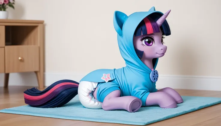 pony unicorn alone ,  Twilight Sparkle, filly , the mane is assembled in a blue bonnet ,  dark blue tail with a purple strand and a pink strand,  purple eyes , sits in the room on a soft play mat, dressed in a blue onesie, blue pacifier in mouth, solo, thi...