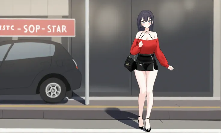 A cute woman (mini skirt, age 25, cute, halter top with long sleeves deep neck plunge, expensive heels, expensive purse) clumsily walking on a sidewalk by a busy road, causing a traffic jam as cars stop to star at her
