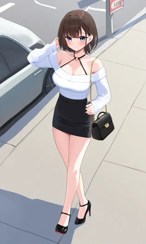 A cute woman (mini skirt, age 25, cute, halter top with long sleeves deep neck plunge, expensive heels, expensive purse) clumsily walking on a sidewalk by a busy road, causing a traffic jam as cars stop to star at her
