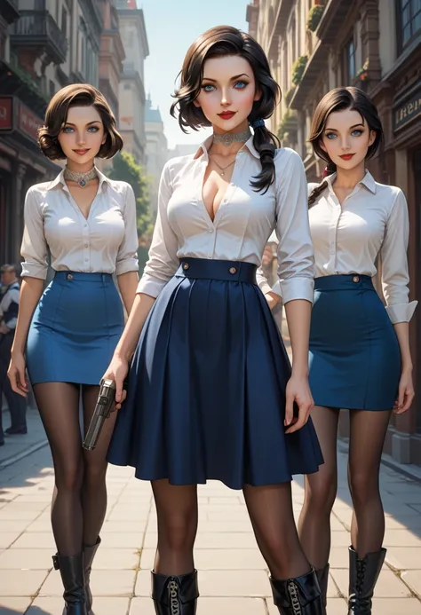 Score_9, score_8_up, score_7_up; Elizabeth Comstock from "Bioshock Infinite"; long loose hair gathered in a low ponytail, dark hair, pale skin, blue eyes, red lips, light smile, detailed face; collared white shirt, cameo choker necklace, long blue skirt wi...