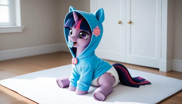 pony unicorn alone ,  Twilight Sparkle, filly , the mane is assembled in a blue bonnet ,  dark blue tail with a purple strand and a pink strand,  purple eyes , sits in the room on a soft play mat, dressed in a blue onesie, blue pacifier in mouth, solo, thi...