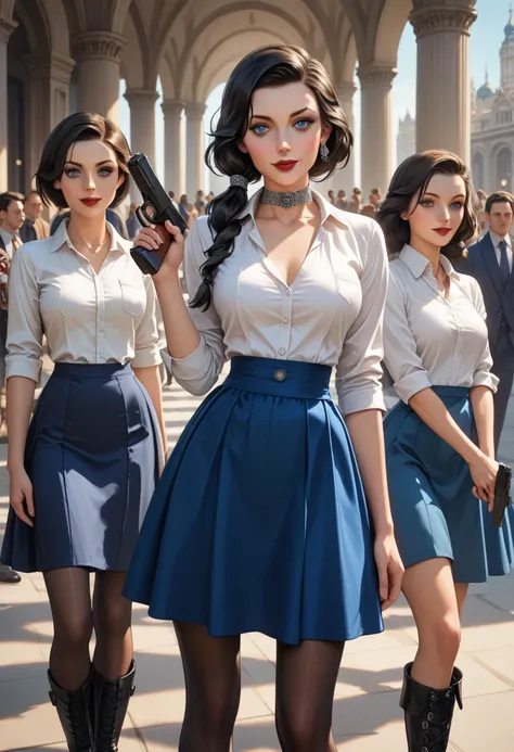 Elizabeth Comstock from "Bioshock Infinite"; long loose hair gathered in a low ponytail, dark hair, pale skin, blue eyes, red lips, light smile, detailed face; collared white shirt, cameo choker necklace, long blue skirt with high slit, black detailing on ...