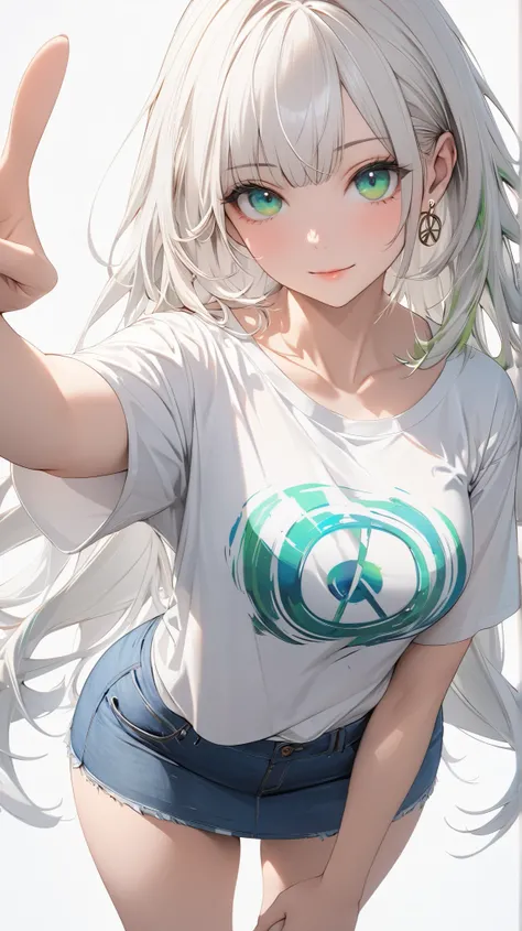 face details,semi realistic, Masterpiece, Master work, perfect , 4k, 1woman, big size breast, straight shoulder-length hair, flat Bangs hair style, white colored hair with blue strokes, bright green eyes, flat expression face, wearing white printed t-shirt...