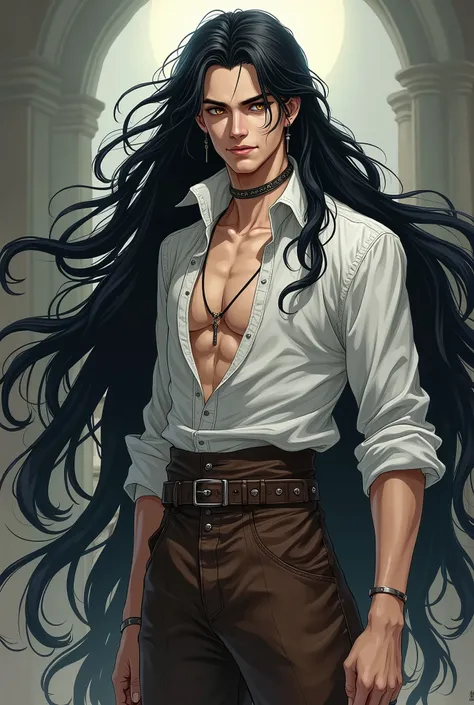 Vampire of Light male anime style and The Lord of the Rings,   with extra long black and wavy hair , inviting, with two earrings ,  clothes torn by the passage of time , white rolled up shirt,  brown leather pants , brown boots plus anime drawing with more...