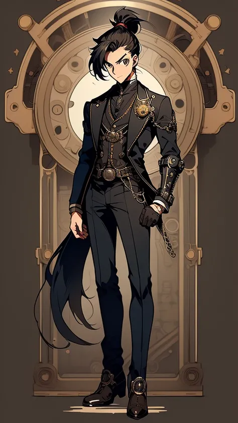 (Detailed), (((normal boy))), ((pelo negro  Ponytail hairstyle )), (( Ponytail hairstyle )), (calm face), ((brown boots)), ((( full body))), ((male)), (black and blue suit), ((solo una persona)), ((steampunk)), ((((solo una persona)))),