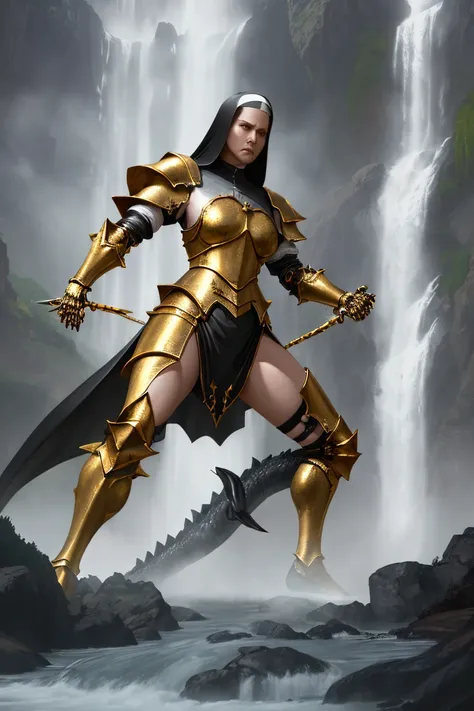 Well-endowed battle nun with plate armor on the lower half of her arms and legs in combat stance fighting against a skeletal dragon under a waterfall, photorealistic, high detailed, 8K, Fibonacci sequence, golden ration, prime numbers, trending on ArtStati...