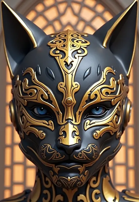 
Image is a highly detailed digital artwork featuring a humanoid figure wearing an ornate cat-like mask. The mask is intricately designed with swirling patterns and is primarily gold with black accents, covering the entire face and head, including pointed ...