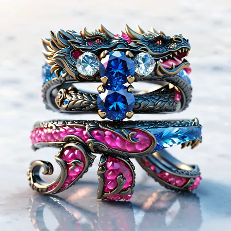  Dragon head ring close-up ,  Key Lens Render ,  Highly Detailed Texture Carved with Sapphire ,  double pack with balls ， Ultra Detailed 16K  ,  A Jewelry Design , Be inspired:::《Ring of Fire》, Ultra realistic detail rendering , Super detailed and authenti...