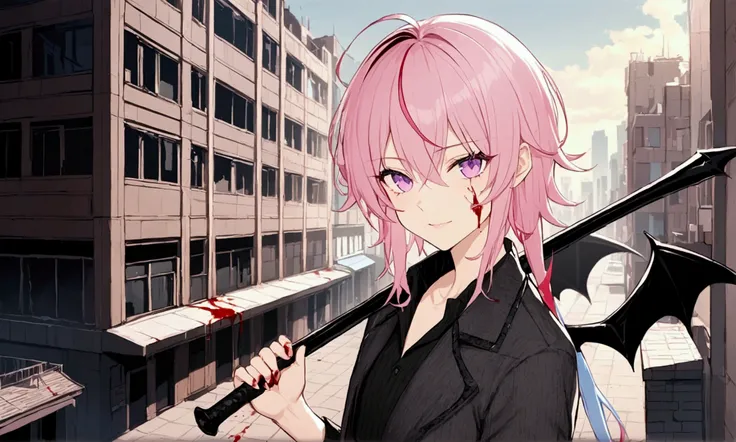 (masterpiece, best quality), 1male, cute and beautiful male, Short hair, pink hair, puple eyes, beautiful detailed eyes, city, apocalypse, Holding bat, blood on face, blood on bat, looking at viewer,natural lighting, vibrant colors, cinematic lighting, sof...