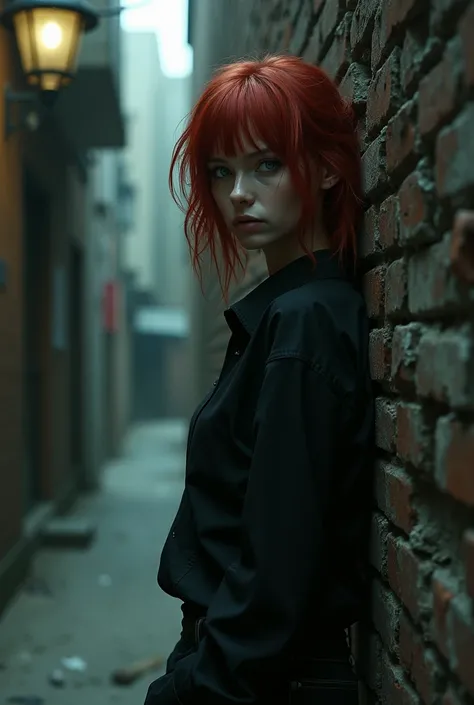 28-year-old woman, redhead , green eyes.  black shirt, black pants, gloomy alley