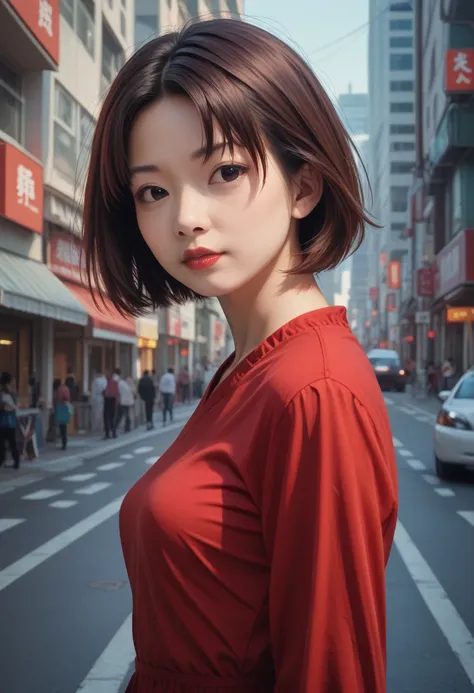 score_9,score_8_up,score_7_up,Photorealistic,female,Asian,Japanese,short hair,parted bangs,red lips,red blouse,long sleeves,medium breasts,city