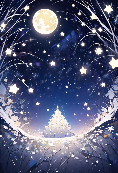  with stars and moon in the background in the night sky、White Flower々A beautiful field of 、 Christmas