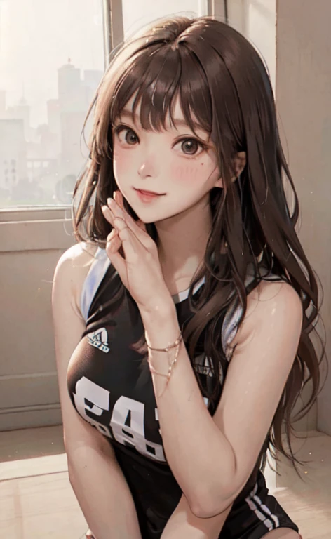 1lady solo, /(volleyball uniform/), /(dark brown hair/) bangs, blush light smile, (masterpiece best quality:1.2) delicate illustration ultra-detailed, BREAK /(volleyball court indoors/)