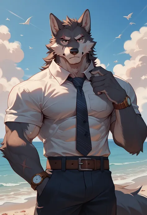 Yue Zai, Beautiful eyes，watch, male focal point, muscular man, muscular furry man, furry, wolf ears, gray black fur, On the beach，animal ears, gray black fur, Dark clothes，wolf tail, tail, pectoral muscle, pectoral muscle large, tie, scar, vein, mature man...