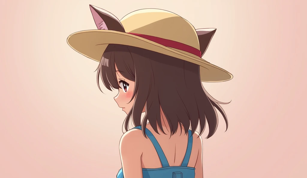  Ridiculous Solution ,  Ultra HD, (Highest quality illustrations), 8K,  super A high resolution , Cowgirl Shooting,  Simple background , Cat ears、Shy、Awkward、Audience perspective、Kamiaki、Upper body、((1个女孩exist、exist))A straw hat 、One-piece、  brown hair  、W...