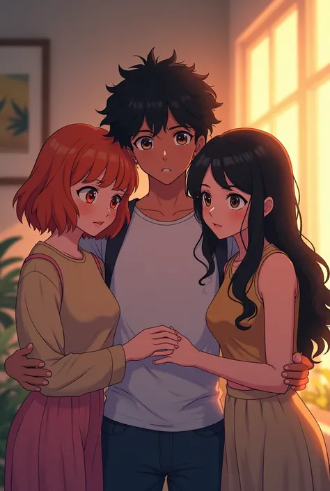 Create an anime image of 3 girls.
The first one with short orange hair, the second one with curly black hair and the third one with long straight hair. All hug add a boy in back side with curly black hair and skin brown 
All with light skin and everyone 20...