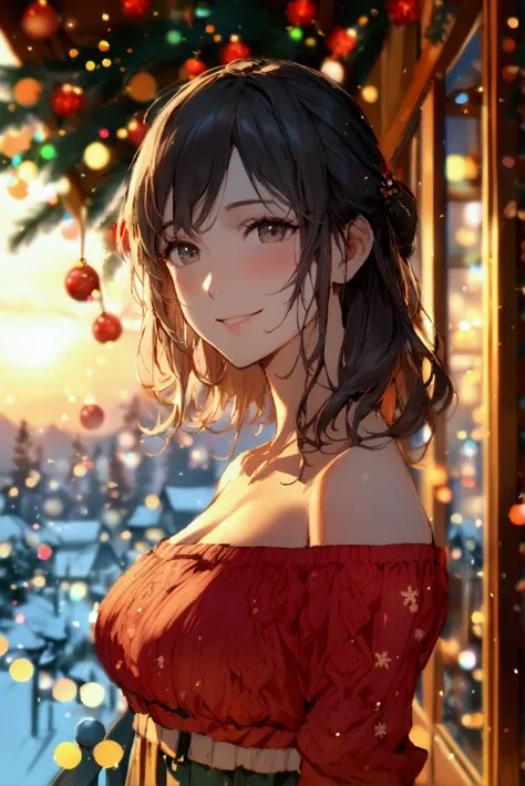  1 girl , High details,  details,  veranda、sunset、Large T-shirt、    Décolletage    、profile、Lean on the railing、 imaginary、 Japanese、20th Generation、 smiles、Christmas scenery