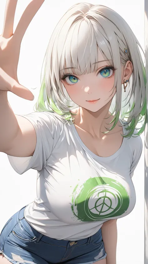 face details,semi realistic, Masterpiece, Master work, perfect , 4k, 1woman, big size breast, straight shoulder-length hair, flat Bangs hair style, white colored hair with blue strokes, bright green eyes, flat expression face, wearing white printed t-shirt...