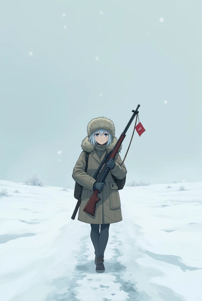  anime-style character, 26 years old, Little white hair ,  in the snow wearing a Russian hair cap with cold eyes,  and rifle walking alone in the snow  