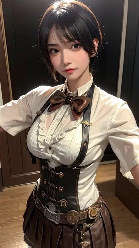 ((( steampunk))),Hyper-realistic 8k CG, picture- Perfect Face ,  flawless, Clean, masterpiece, Professional artwork, Famous Paintings,  Perfect Face ,  beautiful face, beautiful Eye, (( perfect female figure )),Big breasts,  unique ,, ,skirt,, blush, Seduc...