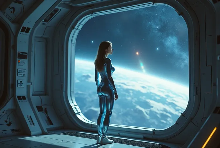 Here’s a focused description emphasizing the vulnerability of a single woman in a space station theme:

**Description:** Create an intimate scene featuring a single woman aboard a futuristic space station, capturing her vulnerability amidst the vastness of...