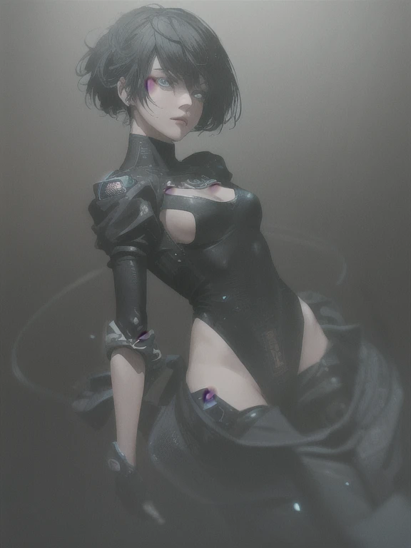 ((la mejor calidad)), (( Masterpiece)), (muy detallado:1.3), ..............3D, beautiful (cyberpunk:1.3) Woman hacker, short hairstyle, short hair , Back to viewer, thick hair, Operating computer terminal, Head mounted display, computer server, LCD Screen,...