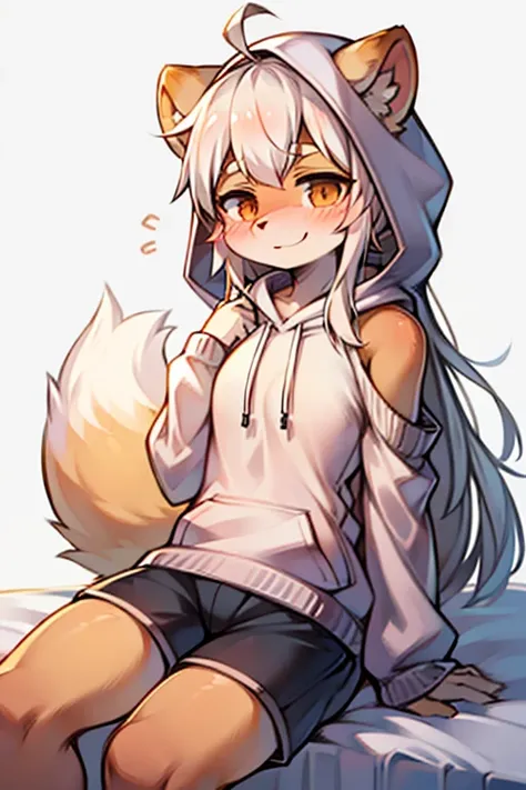 best quality, kemono, anime, female, furry, anthro, full body, solo, ahoge, animal ear fluff, animal ears, bangs, bare shoulders, nose blush, detached sleeves, bear ears, bear girl, fox tail, hair between eyes, hood, hoodie, shorts, long hair, sitting on b...