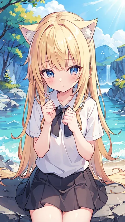 masterpiece,  is the best quality, Wolf Girl, Elegant, 1 Girl,  Wolf Ears , Wolf Tail,  cute, Blushing, looking at viewer, From above, Blonde wavy hair , mini skirt, white and black striped t-shirt ,  blue eyes ,  Beautiful Eyes ,  beautiful background , l...