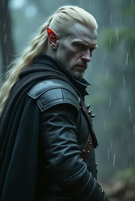 A gray-skinned man, pointed elf ears, gray skin, blond hair, light black leather armor, dynamic pose, combat pose, aggressive stance, gray skin, complex fantasy character, cinematic lighting, fantasy, magic, close-up, in a rainy battlefield, detailed backg...