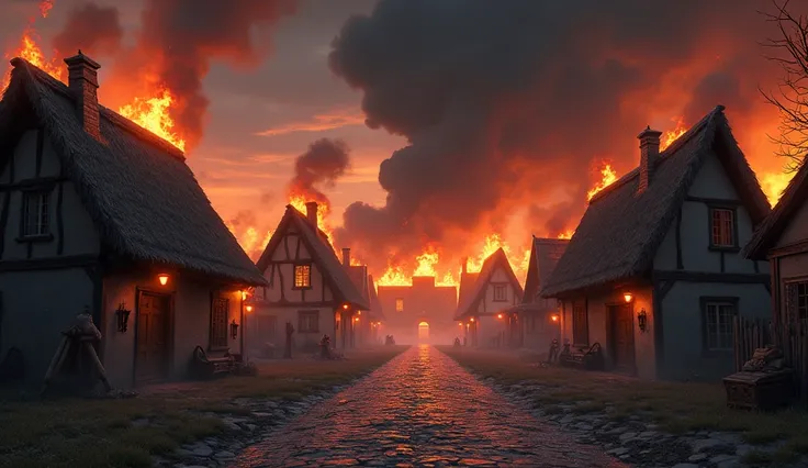 Generate in cinematic 3D cartoon style:  medieval european village ravaged by war, thatched roofs on fire, sky gloomy, filled with black smoke