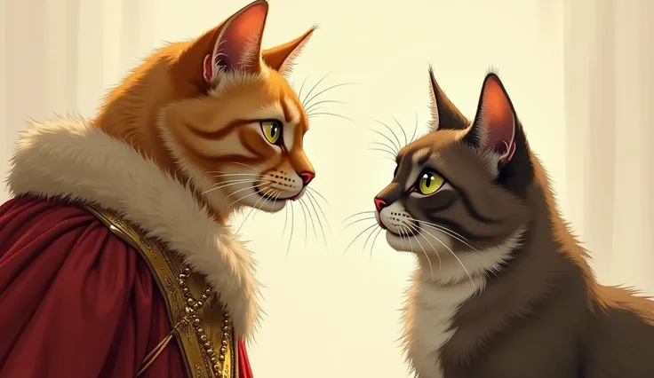 Two cats face 

" the golden cat, in splendid clothes, slowly approaching the khaki cat, who looks at him with expressions of surprise and hope."